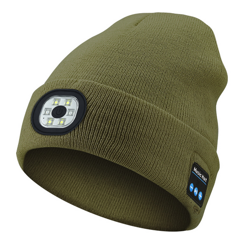 AeroBeanie Bluetooth beanie with front LED light in army green