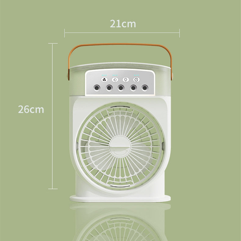 AeroMist portable air cooler fan in sage green, front view with size dimensions shown