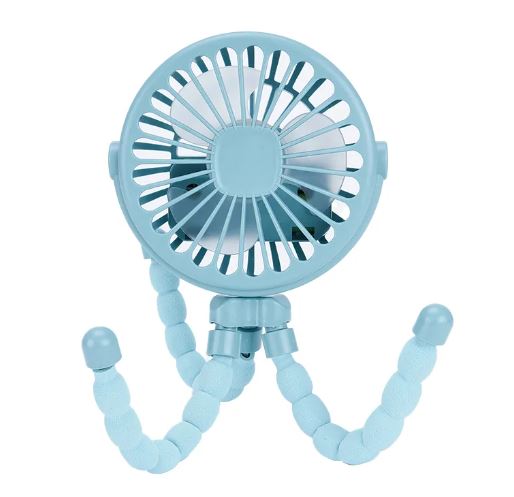 AeroClip flexible grip fan in blue, front view showing the fan head and clip legs