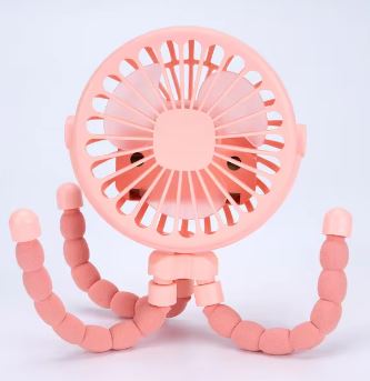 AeroClip flexible grip fan in pink, front view showing the fan head and clip legs
