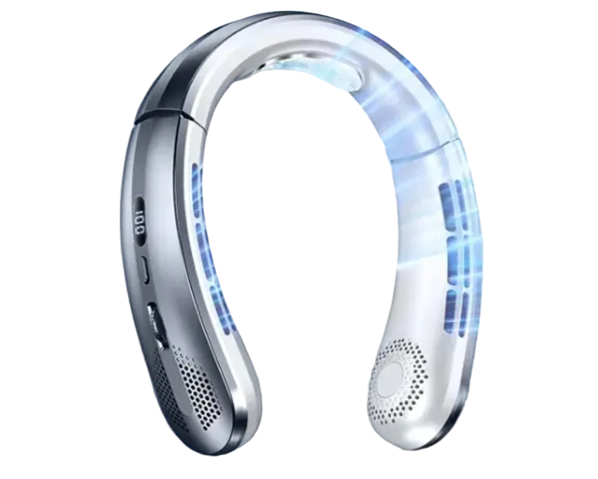 AeroLoop portable neck fan in silver, hands-free bladeless cooling design with digital temperature display