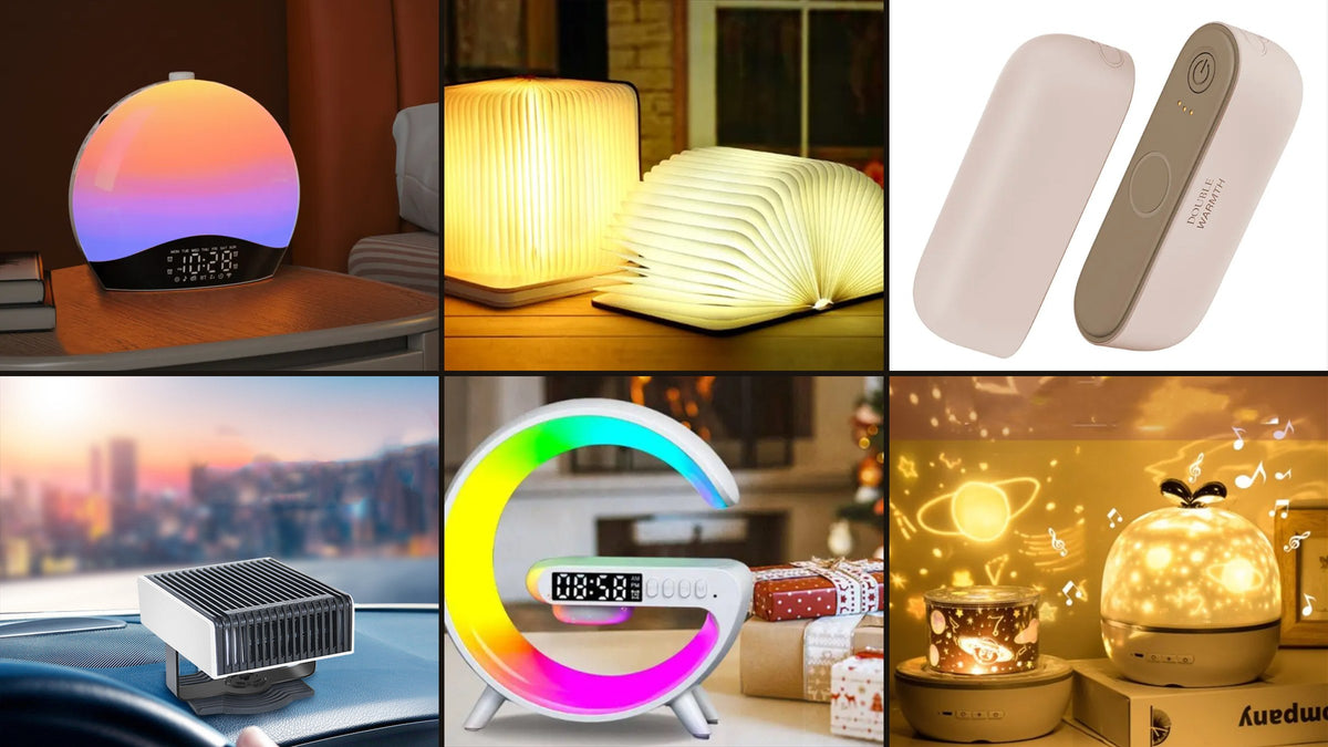NextAir gadgets: AeroRise sunrise alarm clock, AeroFolio book lamp, AeroDuo hand warmers, AeroThaw car heater, AeroArc lamp and AeroDream star projector
